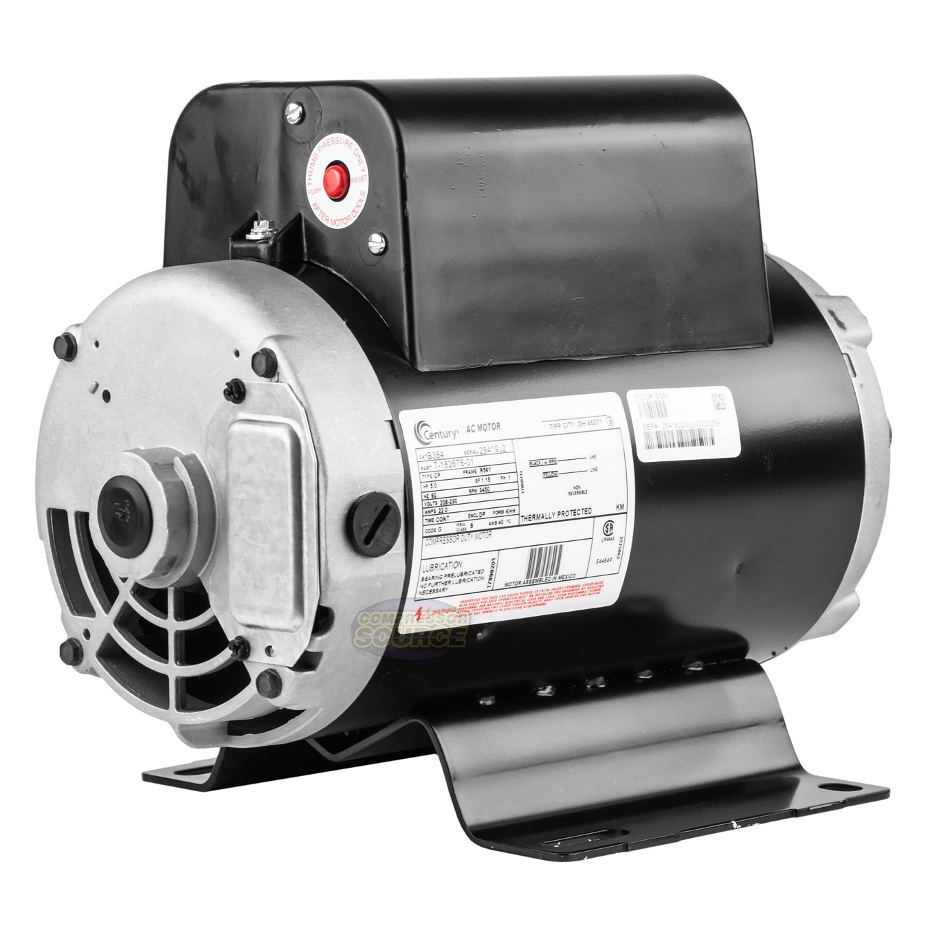 5 HP 3450 RPM Air Compressor Electric Motor 60 Hz 208230 Volts Century